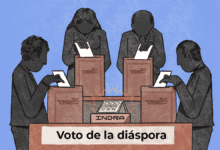 Ilustración de 4 magistrados del TSE votando por la empresa INDRA para el voto electrónico