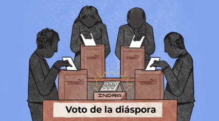 Ilustración de 4 magistrados del TSE votando por la empresa INDRA para el voto electrónico
