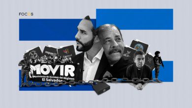 Ilustración de Nayib Bukele y Daniel Ortega, acompañadas de una ilustración de una manifestación del MOVIR y organizaciones salvadoreñas han sido amenazadas según informe de Cristosal