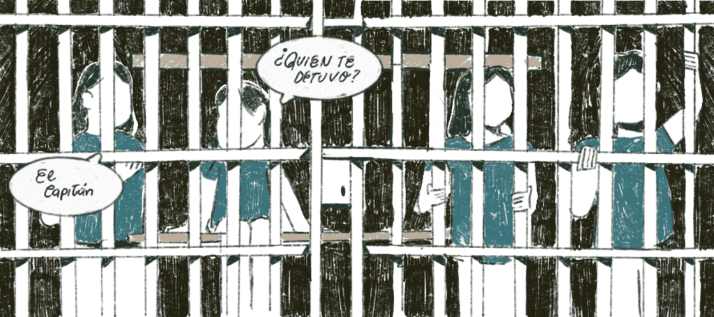 Ilustración de mujeres capturadas en una celda penitenciaria hablando entre ellas.